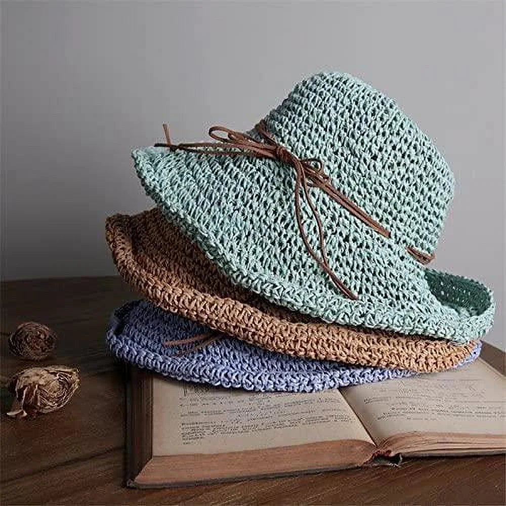 Womens Beach Sun Straw Hat Floppy Straw Sun Hat Travel Foldable Brim Summer Outdoor Sun Visor Hat for Women Girl Summer Outdoor Shade Tied Bow Foldable Hand-Woven,Purple