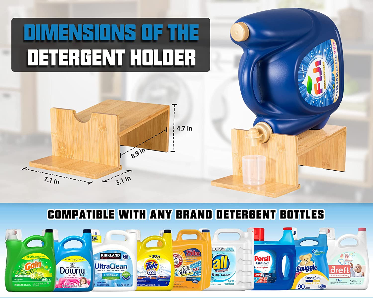 2PK Laundry Detergent Holder,Wooden Laundry Detergent Dispenser for Laundry Room