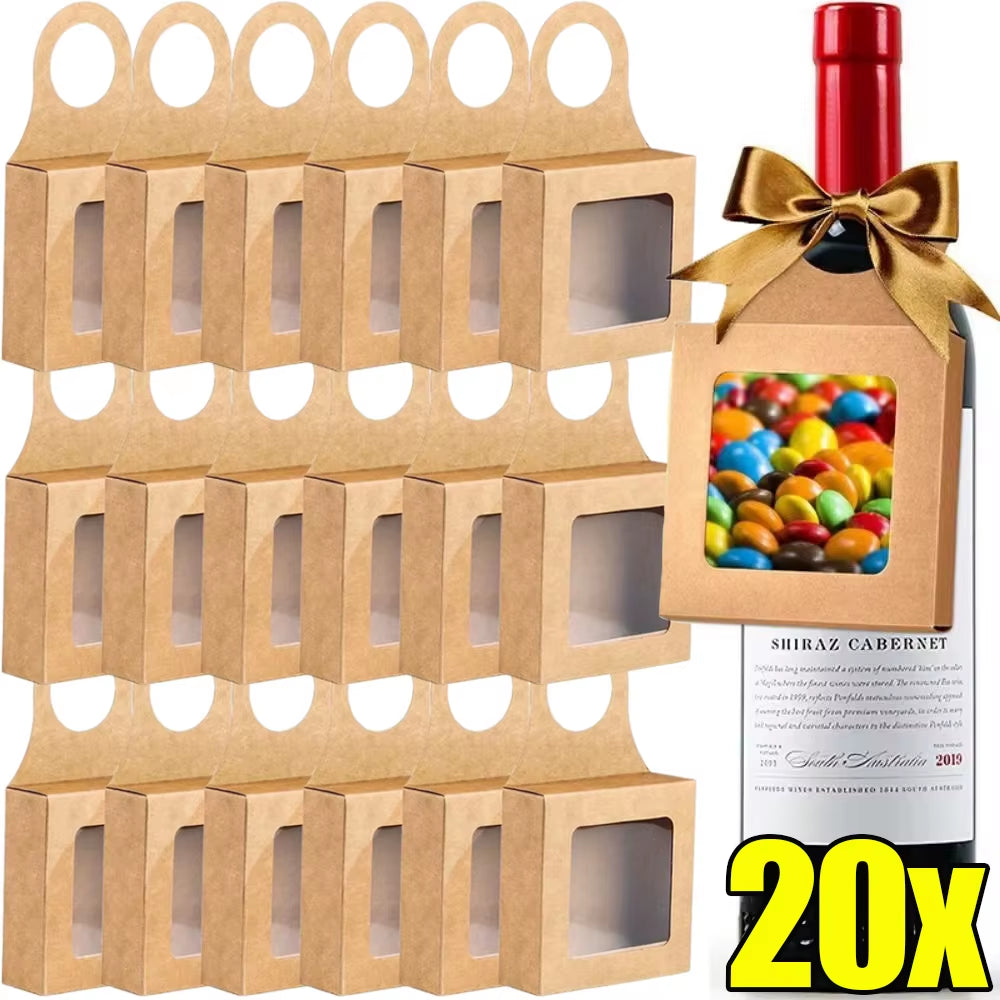 20/10PCS Kraft Paper Wine Bottle Box with Hook Foldable Design Candy Packaging Box Hangable Paper Box Weddings Party Decoration