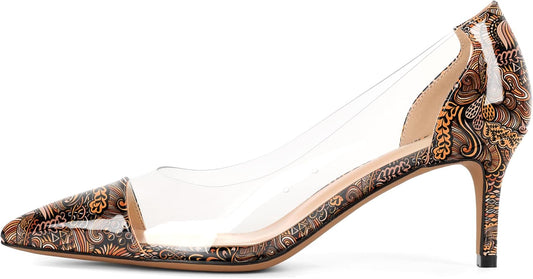 Women'S Pointed Toe Cap Clear Stilettos Pumps Transparent PVC Vamp Mid Heels Slip on Wedding Dress Work Shoes 2.5 Inch