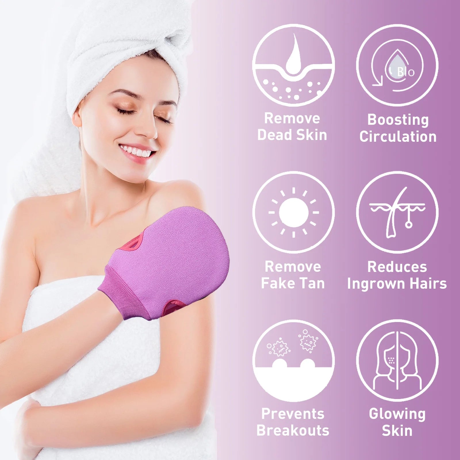 Exfoliating Glove, Shower Scrub Gloves, Bath Body Exfoliator Mitt Dead Skin Remover Double Sided Exfoliation for All Skin Types Improve Blood Circulation, 2 Pack Purple