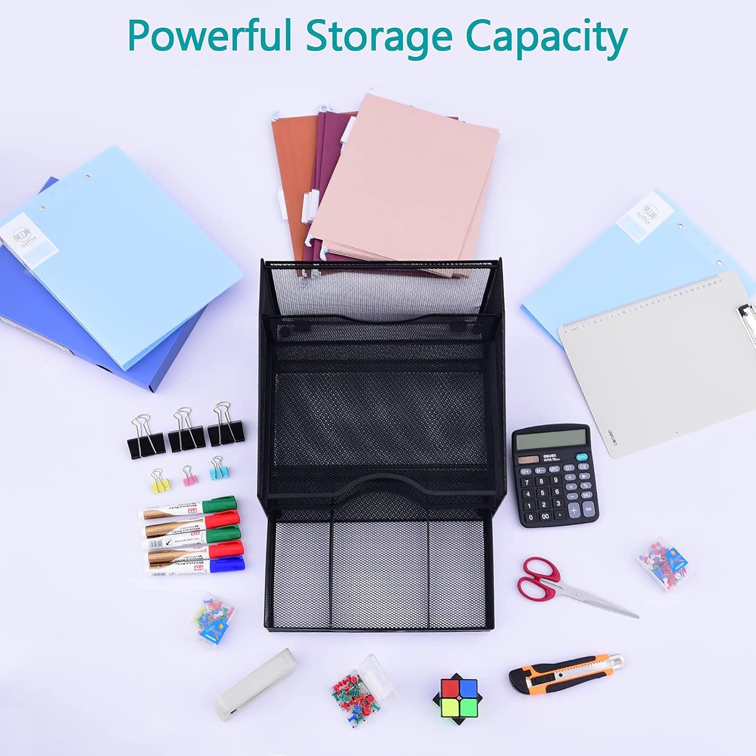 Desk Organzier Mesh Office Supplies Organization with Drawer File Accessories Storage Workspace with 4 Compartments for Women Home Desktop Paper Pen Shelf(12.8 X 12.4 X 9 Inch, Black)