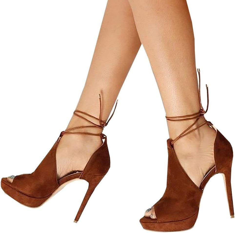 Womens Peep Toe Platform Heels Sexy Sandals Strappy Lace up Tie Stilettos Dress Pumps Shoes