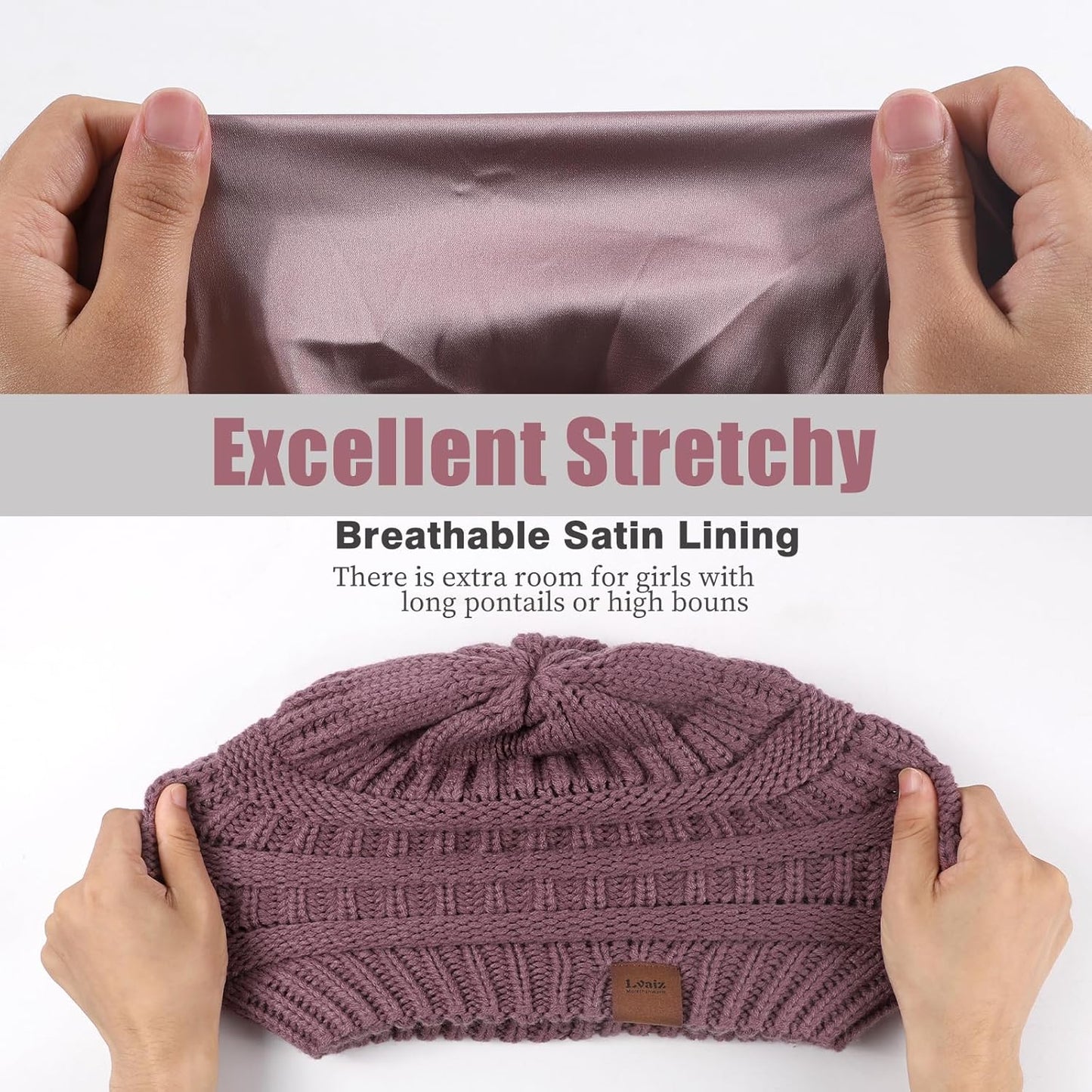 Womens Satin Lined Winter Beanie Hats Cable Knit Beanie for Men Silk Lining Thick Chunky Cap Soft Slouchy Warm Hat