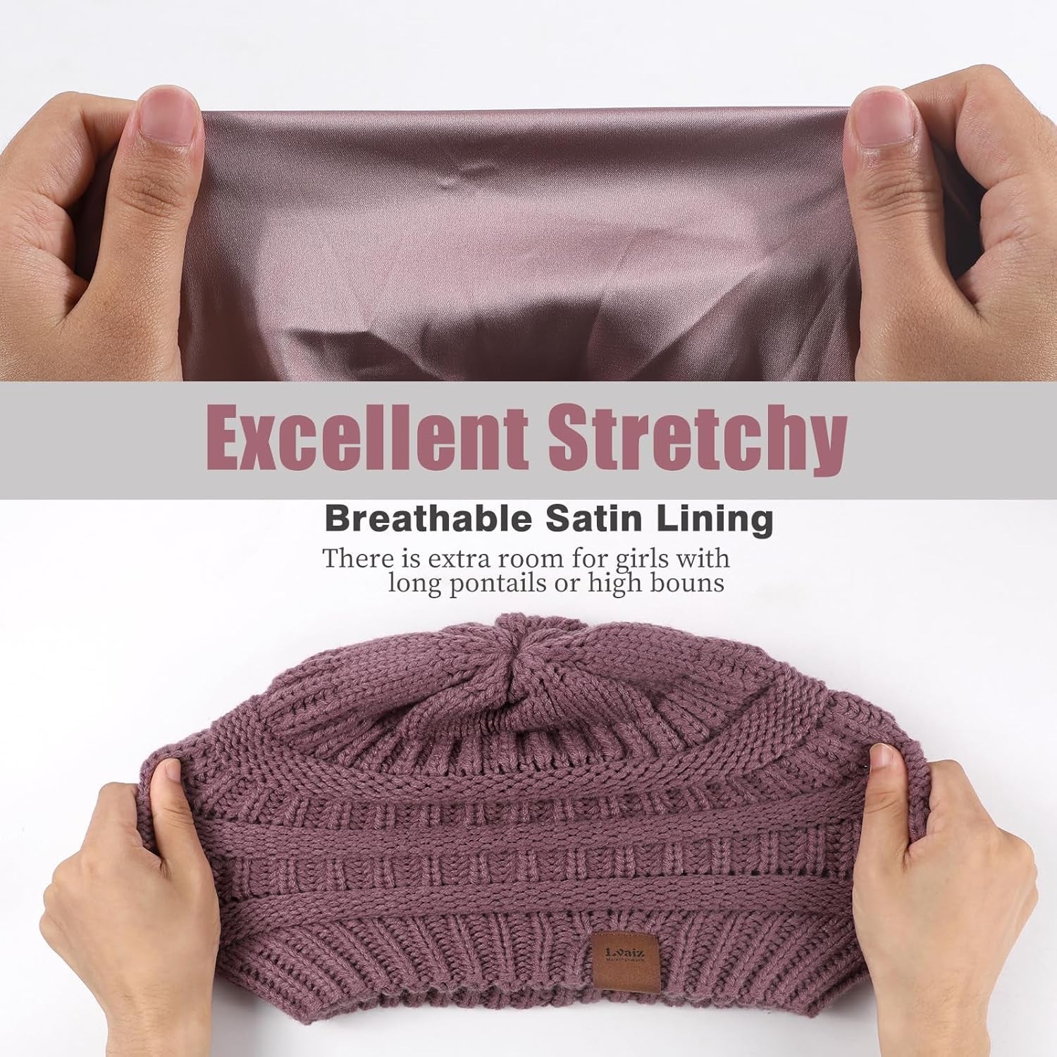 Womens Satin Lined Winter Beanie Hats Cable Knit Beanie for Men Silk Lining Thick Chunky Cap Soft Slouchy Warm Hat
