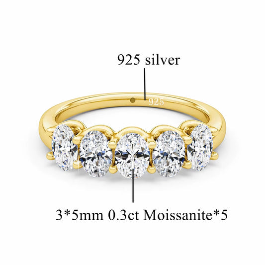 Real 14K Gold Oval Cut Moissanite Rings for Women 5 Stone Lab Diamond Eternity Wedding Band Bride Luxury Engagement Jewelry