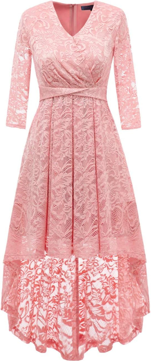 Spring Summer Mother of the Bride Dresses Hi-Low Lace 3/4 V-Front Sleeve Wedding Guest Dress
