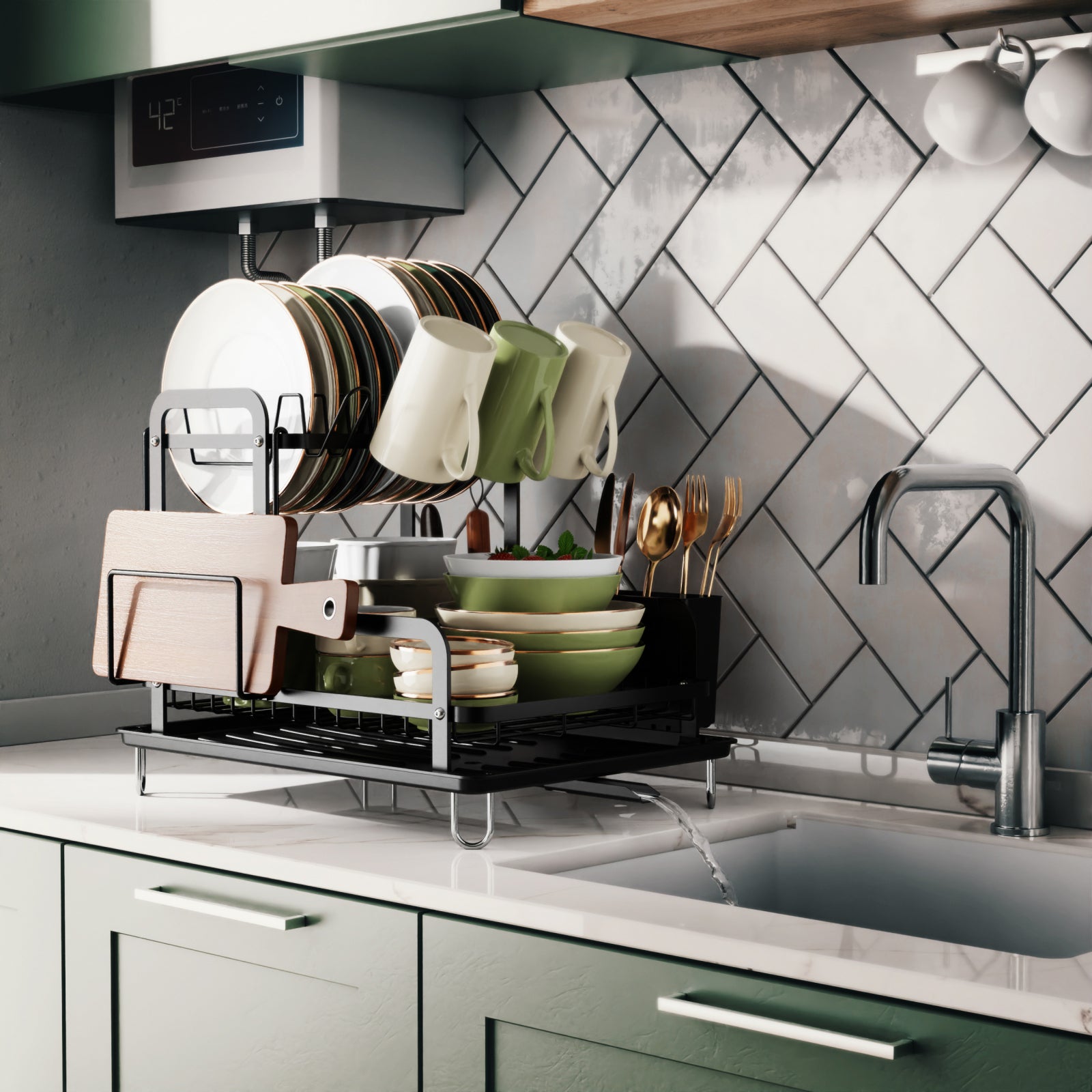 Dish Drying Rack with Drainboard - 2 Tier Dish Rack for Kitchen Counter, Rust-Resistant Dish Drainer with Utensil Holder, Black