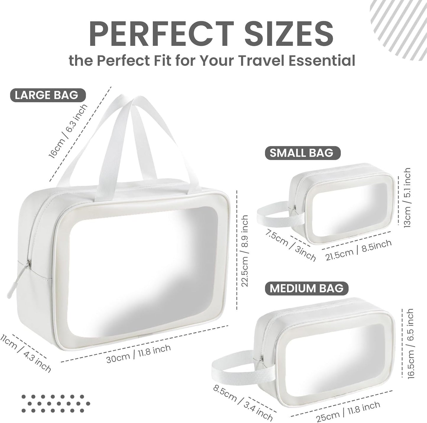 Travel Toiletry Bag for Women Men -Waterproof, Clear, Portable and Cute Makeup Cosmetic Bag Set (3-White)