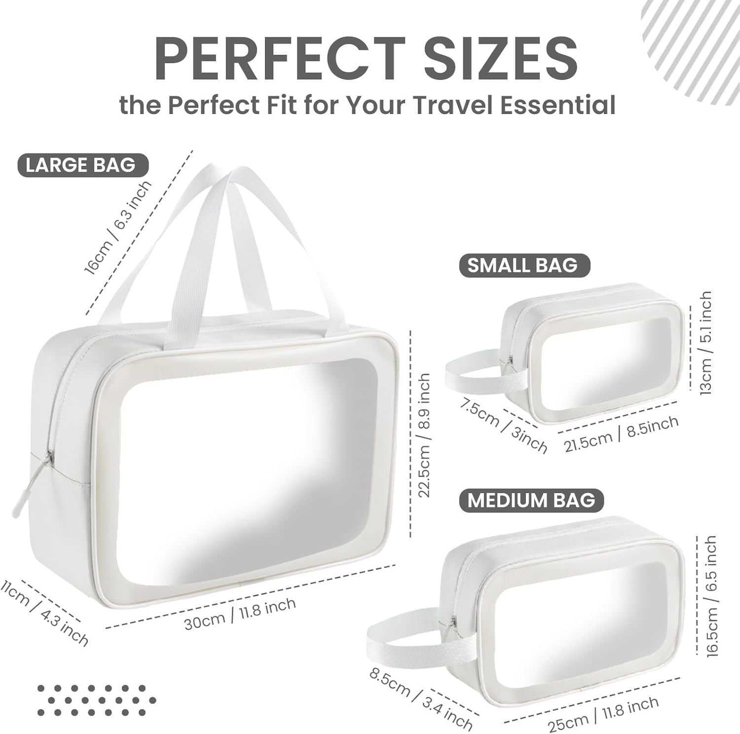 Travel Toiletry Bag for Women Men -Waterproof, Clear, Portable and Cute Makeup Cosmetic Bag Set (3-White)