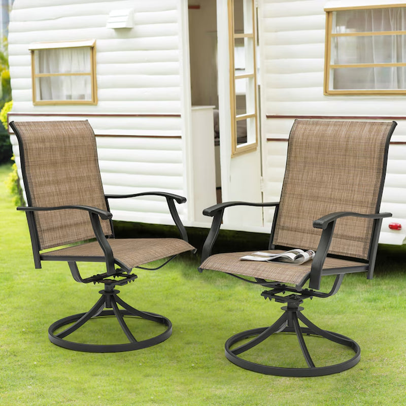 Outdoor 2-Piece Swivel Chair Set Set of 2 Black Iron Frame Swivel Dining Chair with Brown Solid Seat