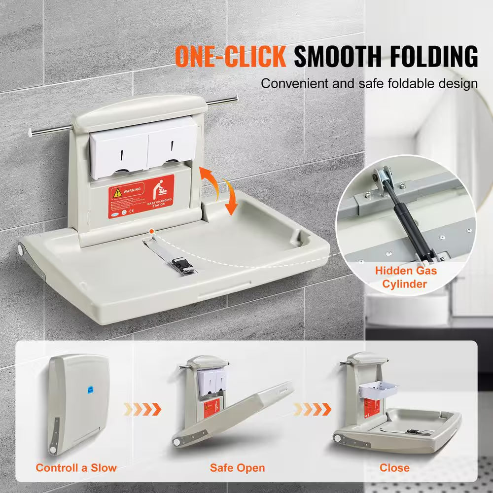 Wall-Mounted Baby Changing Station Horizontal Foldable Diaper Change Table Safety Straps and Hanging Rods