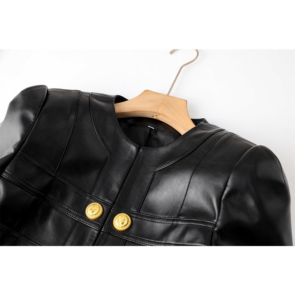 2023 Europe and the United States cross-border PU leather splicing small round neck shoulder pad cardigan high street wind small coat top temperament small jacket