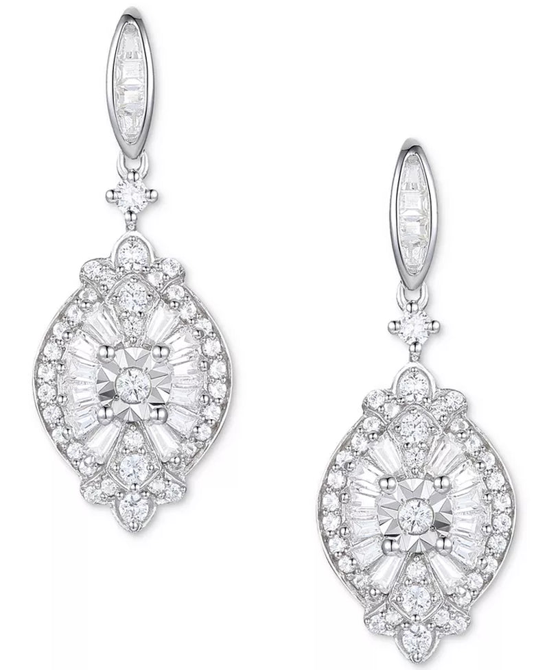 Diamond Baguette & round Cluster Drop Earrings (1/2 Ct. T.W.) in Sterling Silver