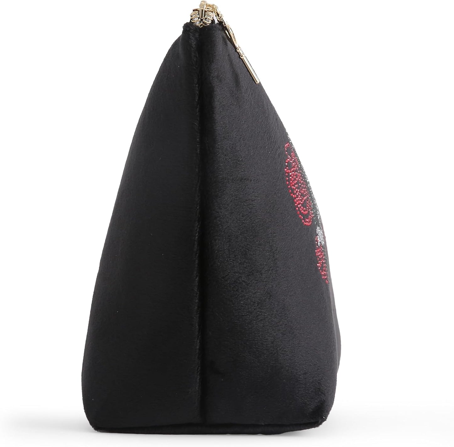 Black Makeup Bag Cosmetics Organizer Travel Essentials Top Zip Pouch Velour Rhinestone Roses