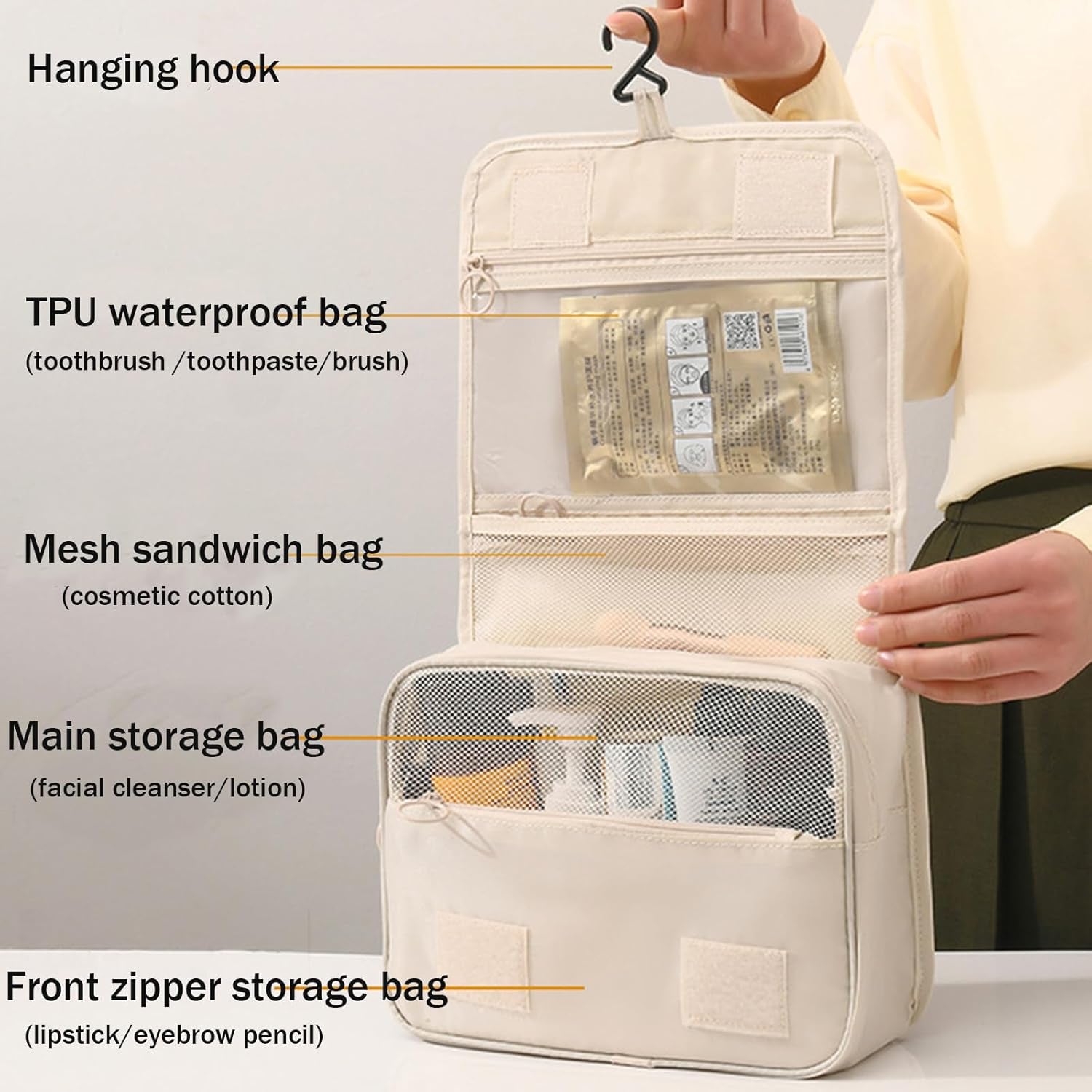 FQUAN Travel Toiletry Bag Water-Resistant Makeup Cosmetic Bag with Hanging Hook Travel Organizer, Beige