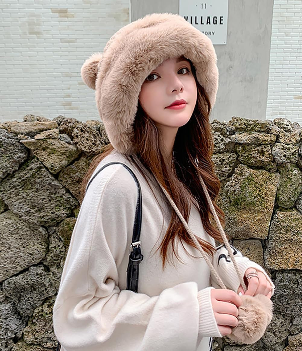 Winter Pompom Beanie Hats for Women Fluffy Knit Womens Beanie Faux Fur Crochet Skull Cap Warm Bucket Outdoor Ear Cover
