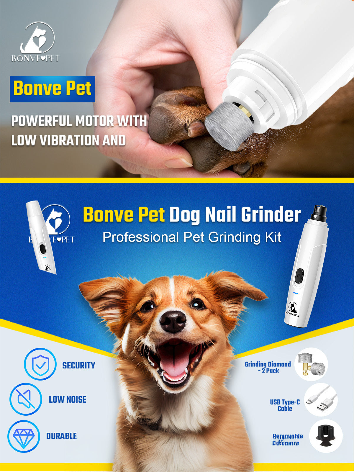 Nail Grinder for Dogs- Upgraded Dog Nail Trimmers Super Quiet, 2 Speeds, Rechargeable, 2 Grinding Wheels for Small Large Dogs& Cats
