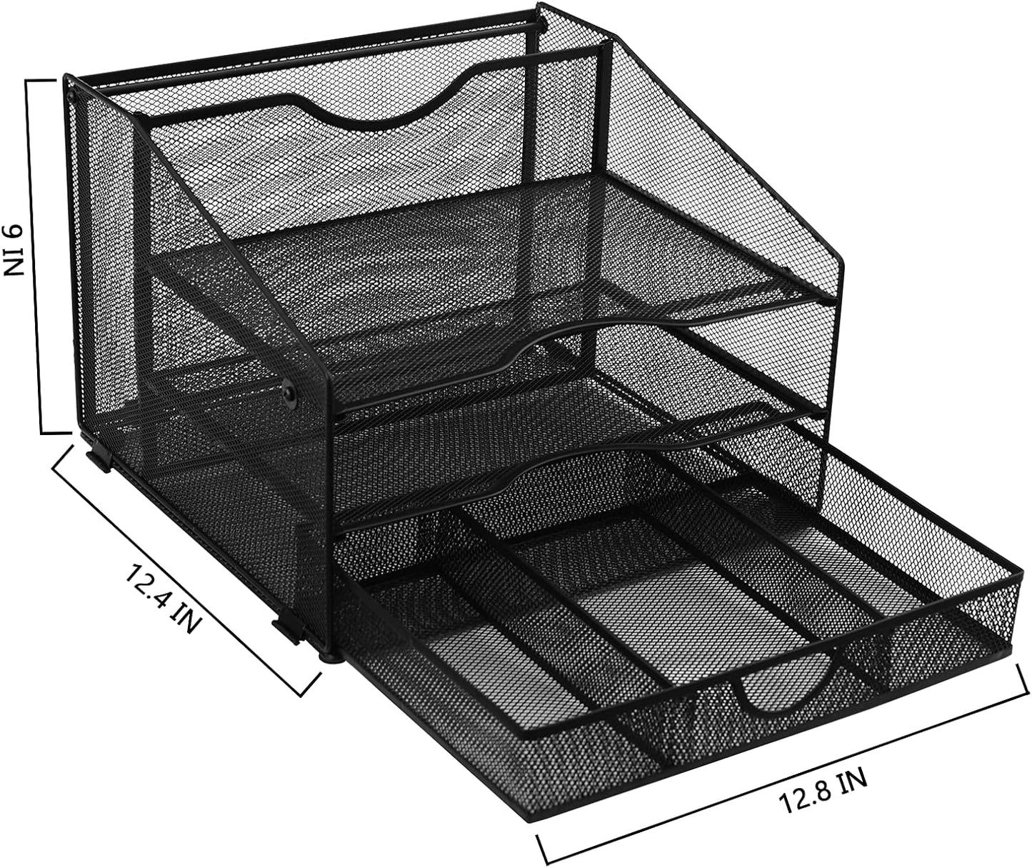 Desk Organzier Mesh Office Supplies Organization with Drawer File Accessories Storage Workspace with 4 Compartments for Women Home Desktop Paper Pen Shelf(12.8 X 12.4 X 9 Inch, Black)