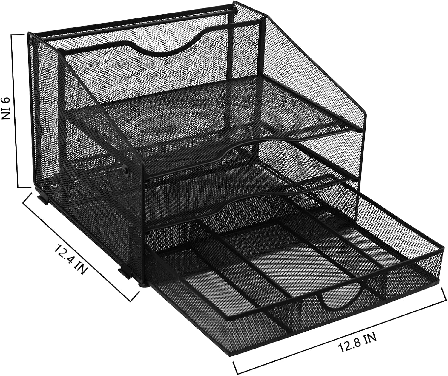 Desk Organzier Mesh Office Supplies Organization with Drawer File Accessories Storage Workspace with 4 Compartments for Women Home Desktop Paper Pen Shelf(12.8 X 12.4 X 9 Inch, Black)