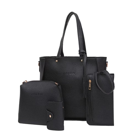 Women’S Polyester Solid Casual Crossbody Four Set Tote Bag, Black
