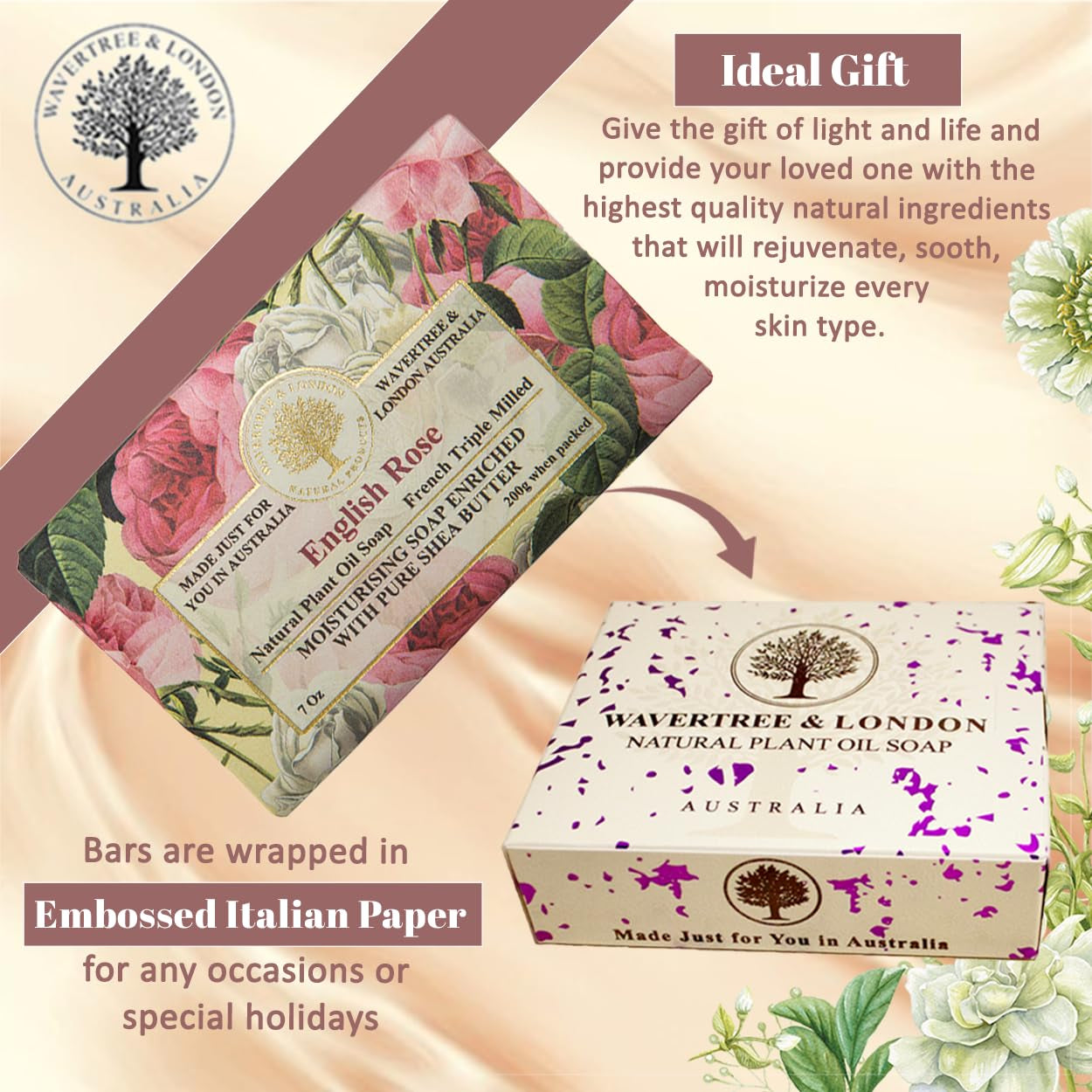 English Rose Scented Natural Soap Bars for Women & Men (2 X 7Oz) – Moisturizing Triple-Milled Soap Bars Enriched with Shea Butter – Plant-Based Bath & Body Bar for All Skin Types