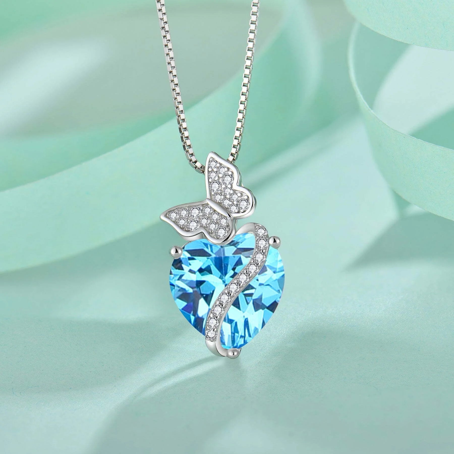 Sterling Silver March Birthstone Heart Necklace Butterfly Pendant Jewelry Gift for Women