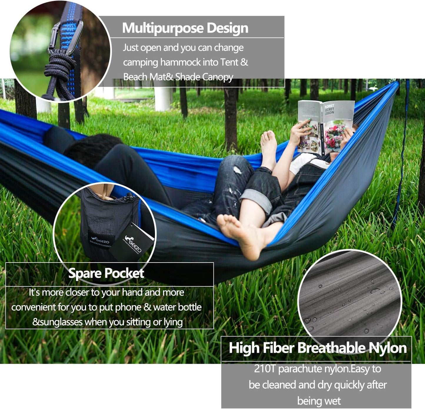 Double Camping Hammock, Lightweight Portable Parachute (2 Tree Straps 16 LOOPS/10 FT Included) 500Lbs Capacity Hammock for Backpacking, Camping, Travel, Beach, Garden