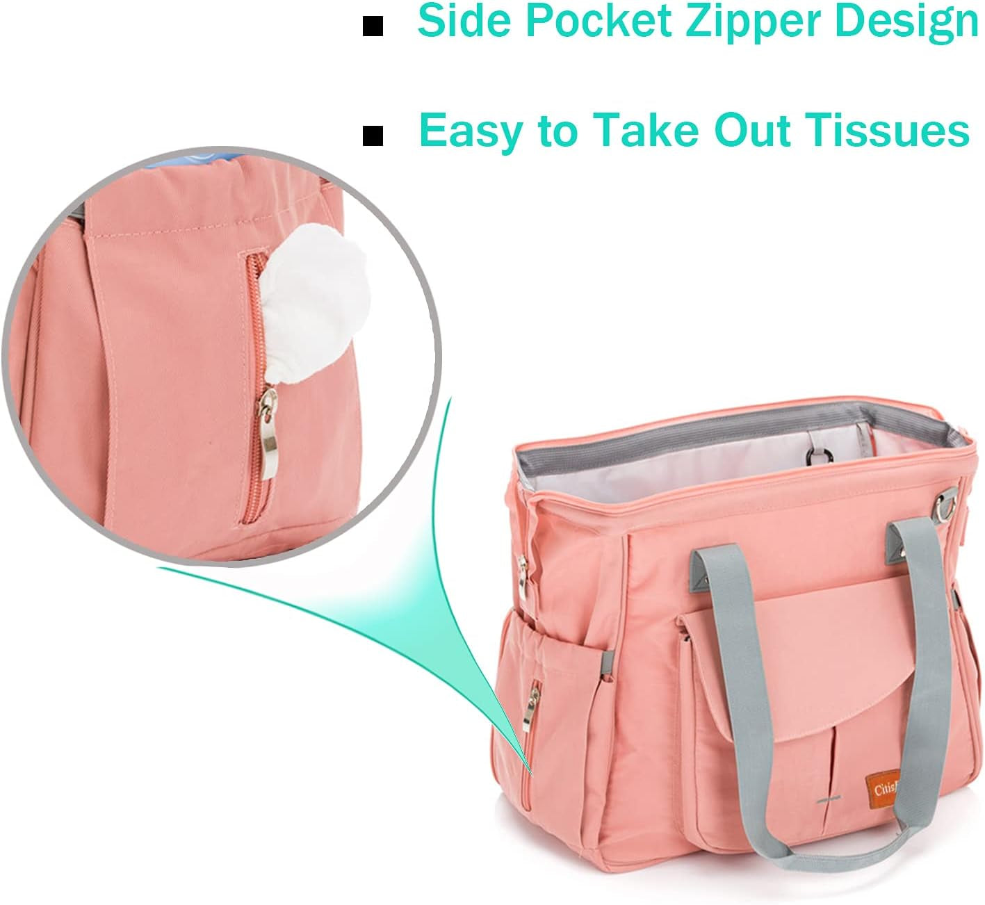 Diaper Bag Tote Mommy Bags Outdoor Handbags with Insulated Pockets, Changing Pad & Reflective Strips(Pink)
