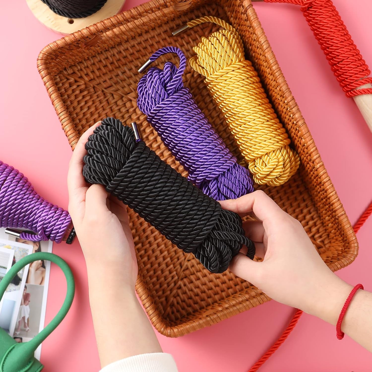 Silk Rope, Skin Friendly Durable Soft Rope, Multipurpose Long Rope Nylon Satin Braided Twisted Rope, 8Mm Thick (Length：4X8Ft Black+2X16Ft Red+32Ft Purple)