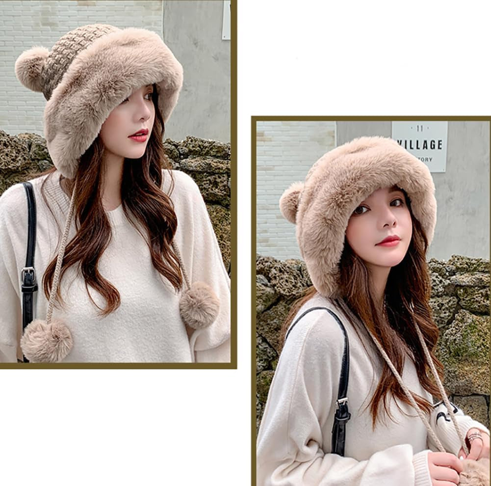 Winter Pompom Beanie Hats for Women Fluffy Knit Womens Beanie Faux Fur Crochet Skull Cap Warm Bucket Outdoor Ear Cover