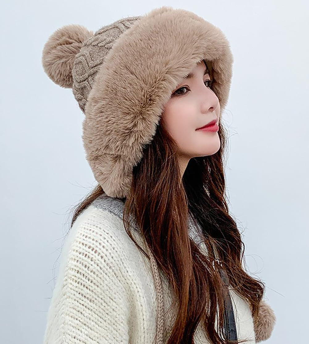 Winter Pompom Beanie Hats for Women Fluffy Knit Womens Beanie Faux Fur Crochet Skull Cap Warm Bucket Outdoor Ear Cover