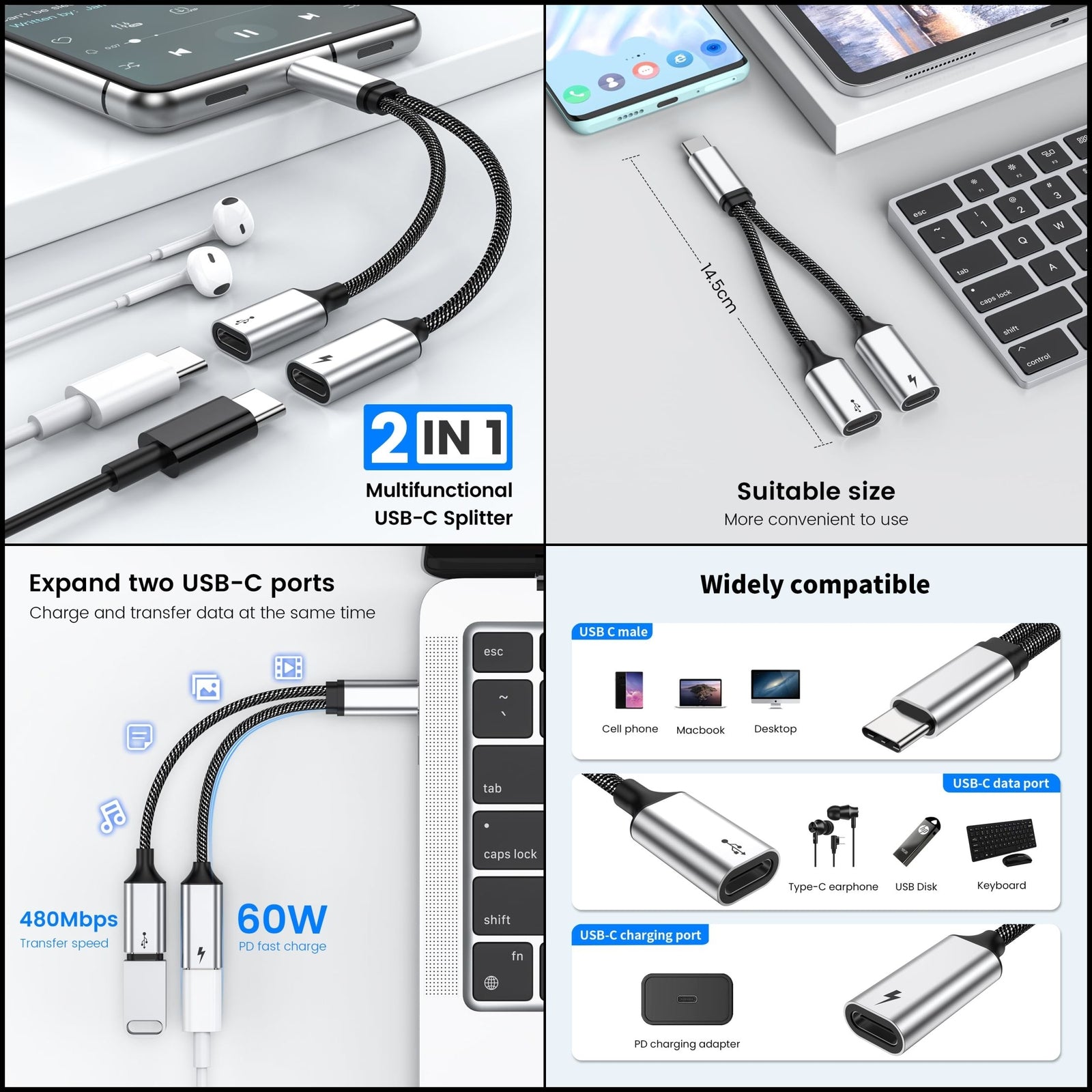 USB C Splitter USB C to USB C Female Adapter USB Y Splitter Cable(Not for Mon...