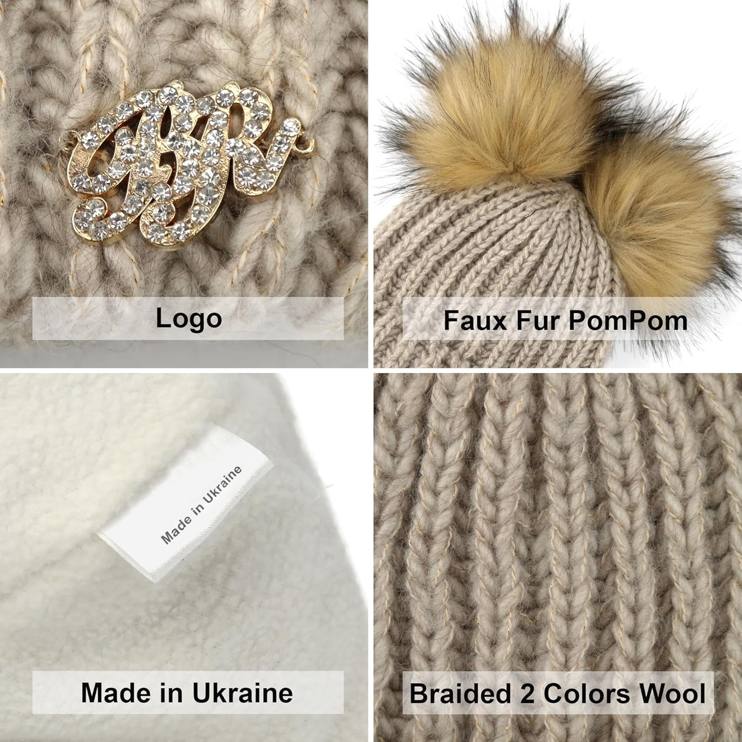 Beanie for Women - 2 Pom Cable Knit Winter Warm Fleece Hat - Wool Snow Cuff Ski Cap