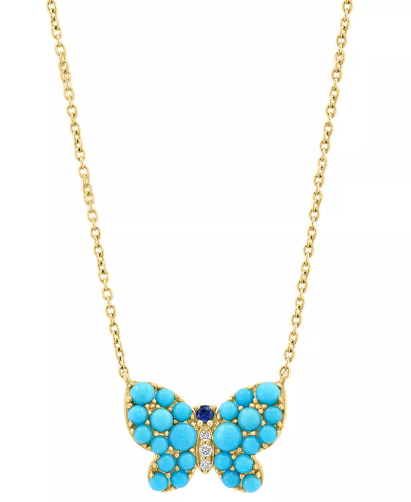 EFFYÂ® Turquoise, Sapphire Accent, & Diamond Accent Butterfly Pendant Necklace in 14K Gold, 17" + 1" Extender