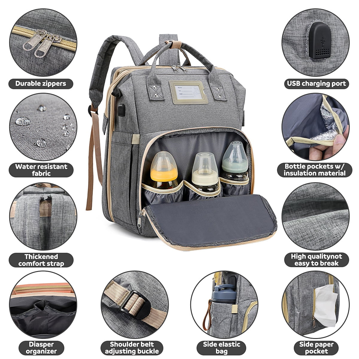 Diaper Bag Backpack, Multifunctional Baby Changing Bag with Foldable Crib & Insulated Milk Bottle Pocket, Large Capacity Travel Backpack with USB Charging Port & Stroller Strap (Gray)