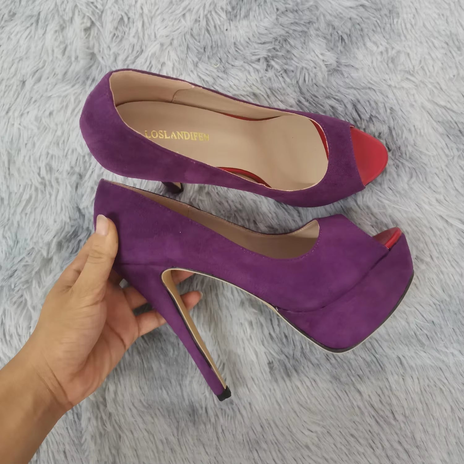 Women Stilettos Sexy High Heels Shoes Peep Toe Velvet Pumps Platform Lady Evening Party Red Wedding Black Office Shoes 817-16VE