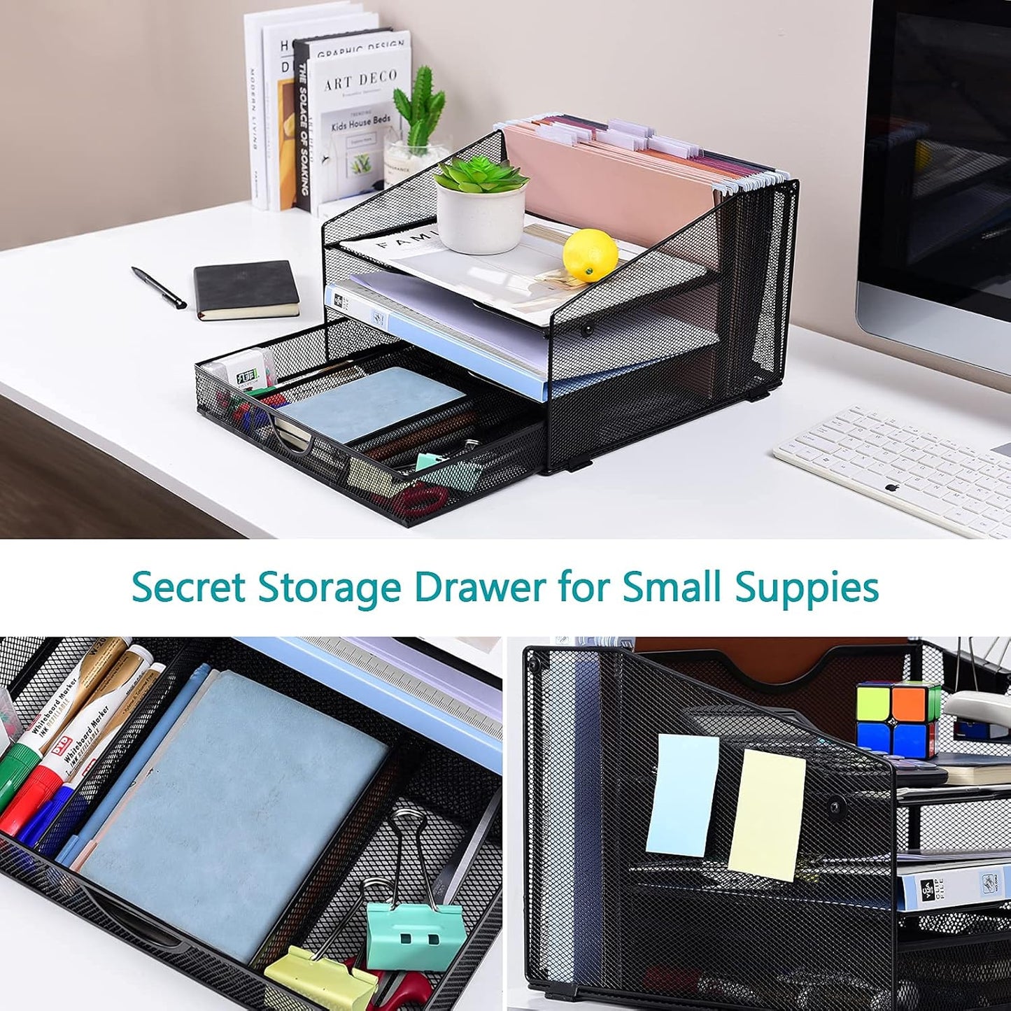 Desk Organzier Mesh Office Supplies Organization with Drawer File Accessories Storage Workspace with 4 Compartments for Women Home Desktop Paper Pen Shelf(12.8 X 12.4 X 9 Inch, Black)