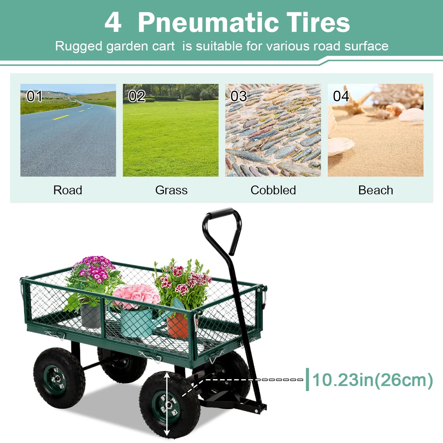 Garden Cart Garden Wagon Carts Heavy Duty Steel Garden Utility Carts with Removable Side and Wheels, Beach Lawn Dumping Yard Cart for Outdoor, Green