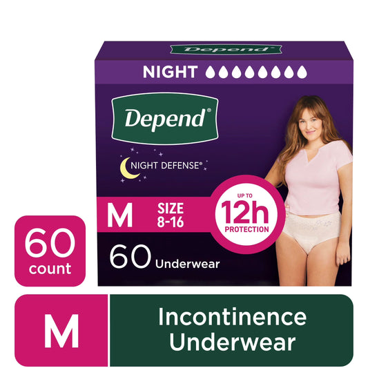 Night Defense Incontinence Underwear for Women, Adult Diapers, M, 60 Count