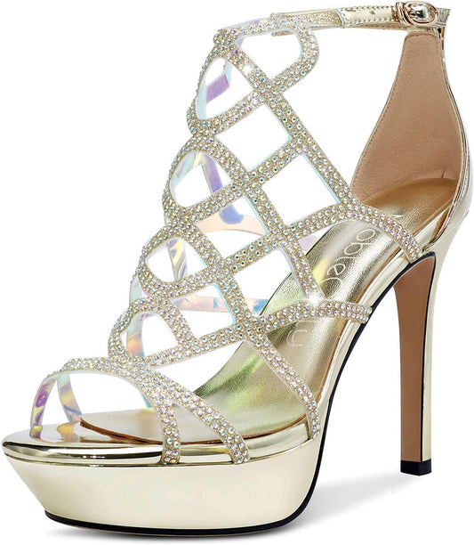 Women'S High Heels Platform Roman Strappy Sandals Open Toe Stilettos Diamond Bling Sandal 4.3" Heel Shoes