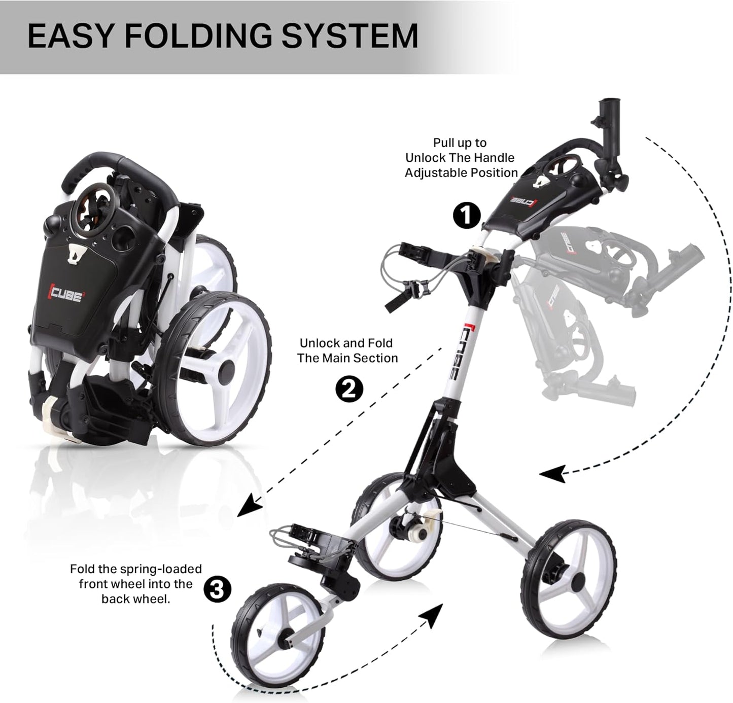 CART 3 Wheel Push Pull Golf CART - Two Step Open/Close - Smallest Folding Lightweight Golf CART in the World - Choose Color!