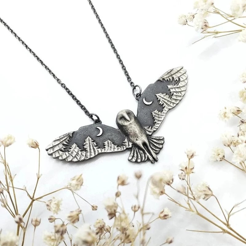 [Vintage Witch Moon Phase Necklace] Vintage Silvery Owl Pendant Necklace Witch Moon Phase Art Necklace Ladies Animal Totem Necklace Jewelry Gift