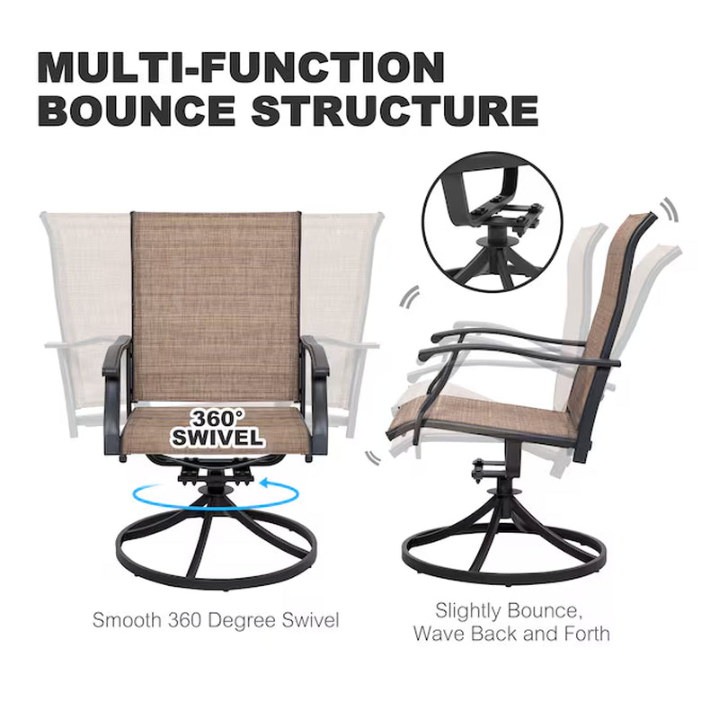 Outdoor 2-Piece Swivel Chair Set Set of 2 Black Iron Frame Swivel Dining Chair with Brown Solid Seat
