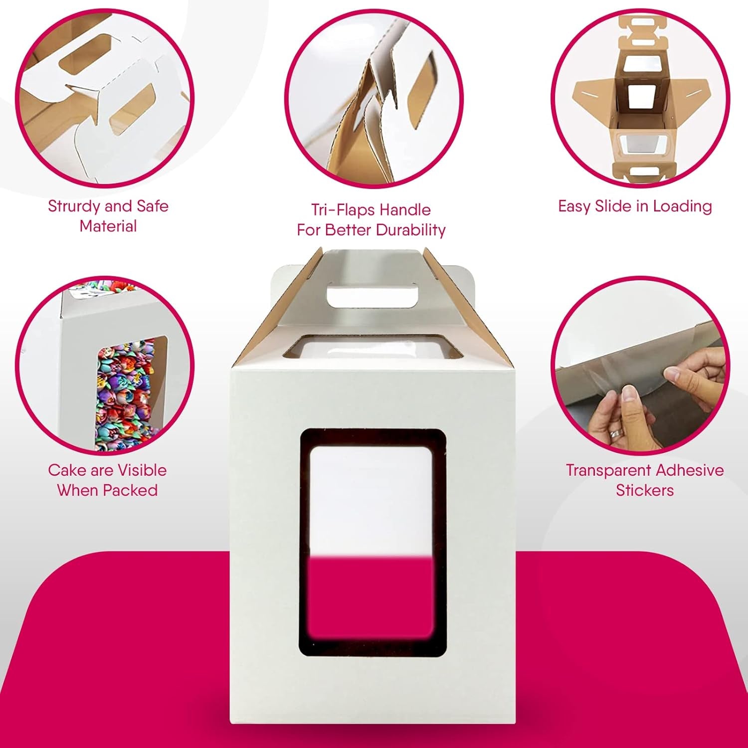 Tri-Handle Tall Cake Boxes with Windows, 3 PCS - 10 X 10 X 12 Inches + 3 - Cake Boards 12", Bakery Caddy Carrier Container with Handle Ideal for 12" Tiered Cakes