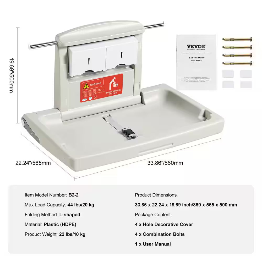 Wall-Mounted Baby Changing Station Horizontal Foldable Diaper Change Table Safety Straps and Hanging Rods