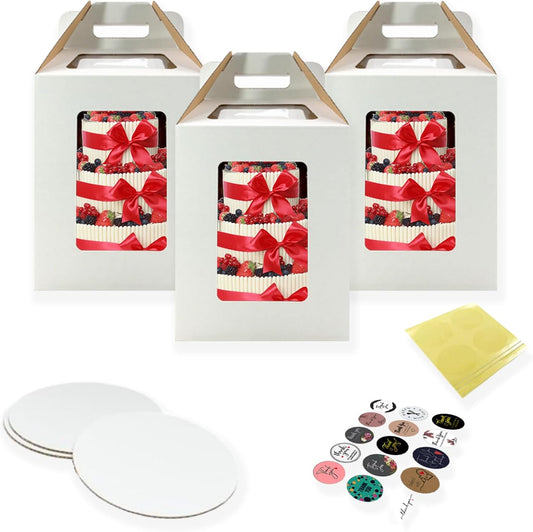 Tri-Handle Tall Cake Boxes with Windows, 3 PCS - 10 X 10 X 12 Inches + 3 - Cake Boards 12", Bakery Caddy Carrier Container with Handle Ideal for 12" Tiered Cakes