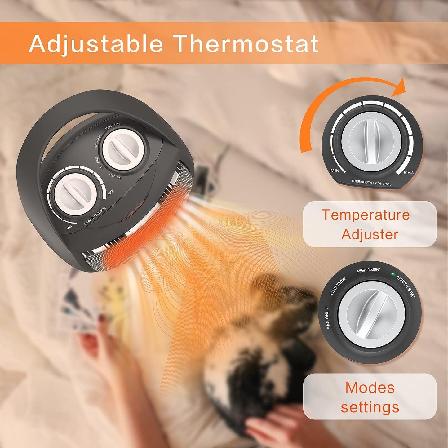 Compact Portable Ceramic Space Heater with Adjustable Comfort Control Thermostat, 3 Settings, Easy Handle, Great for Use in Home, Dorm, Office Desktop, and Kitchen, ETL for Safe (Grey)