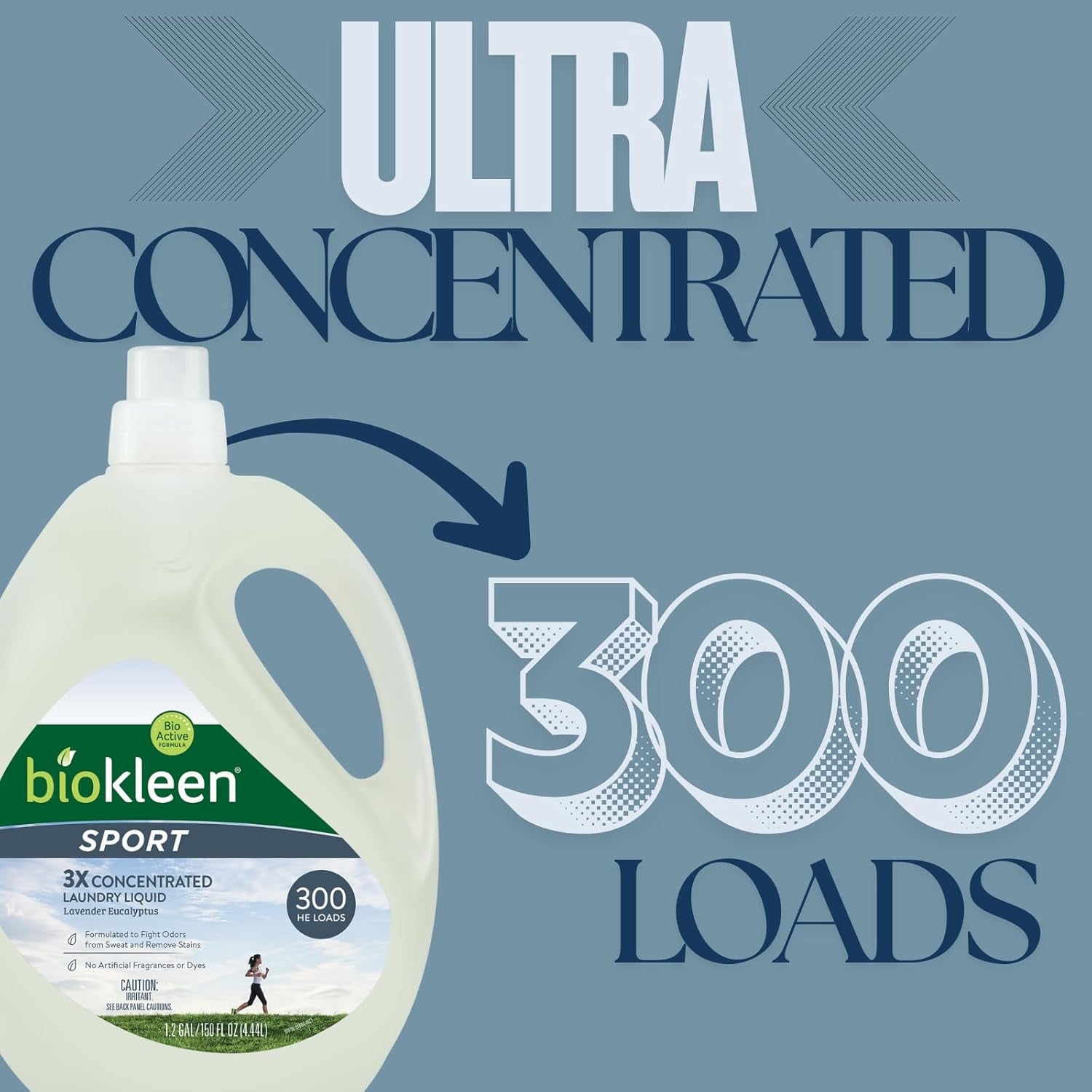 Natural Sport 3X Concentrated Laundry Detergent, 300 Loads, Bio Active Formula, Fight Odors, Sweat & Stain Remover, Lavender Eucalyptus Scent