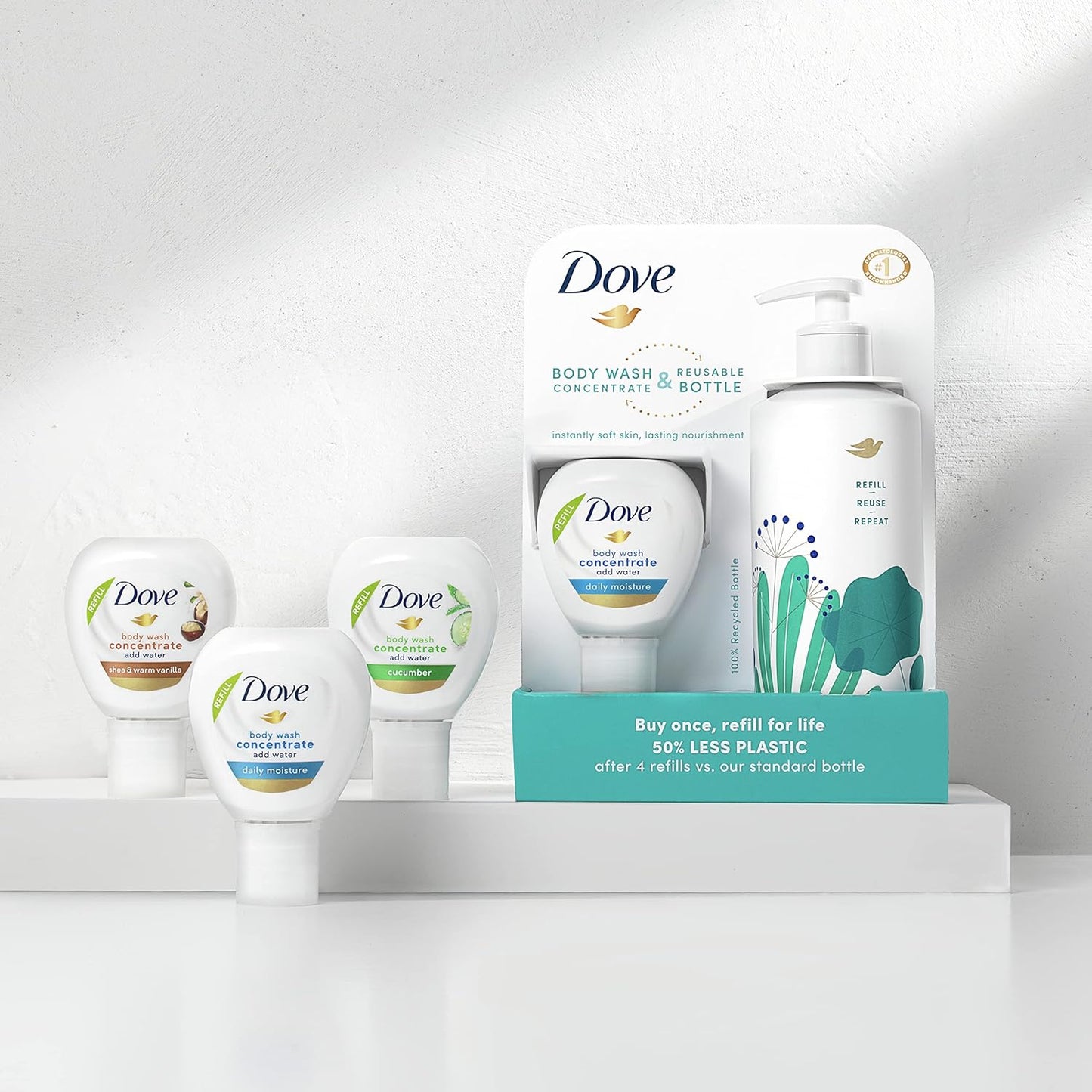 Concentrate Refill and 100 Percent Recycled Reusable Bottle for Instantly Soft Skin Daily Moisture Starter Kit for Lasting Nourishment Body Care 4 Fl Oz (Makes 16 Fl Oz)